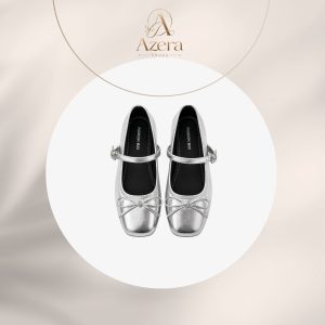 Giày Búp Bê Mary Jane Azera Shoes Mũi Vuông Nơ Nhỏ Da Mềm Màu Xám Bạc Phong Cách Hàn Quốc