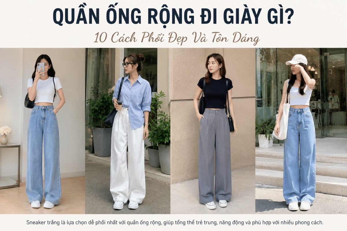 Quần ống rộng đi giày gì đẹp với sneaker trắng nữ
