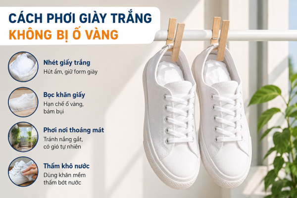 Nhét giấy hút ẩm khi phơi giày trắng không bị ố vàng