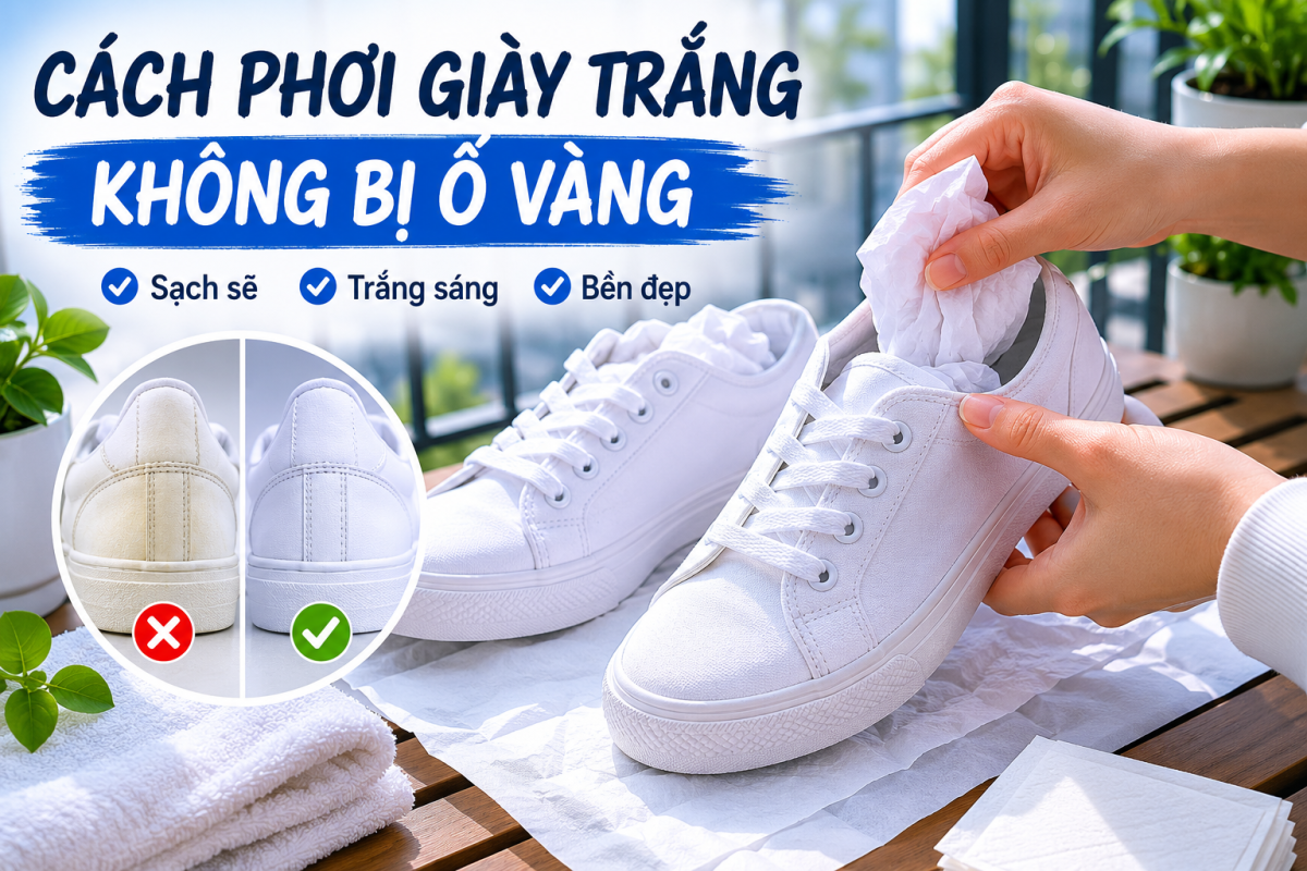 Cách phơi giày trắng không bị ố vàng bằng khăn giấy và phơi nơi thoáng mát