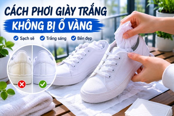 Cách phơi giày trắng không bị ố vàng bằng khăn giấy và phơi nơi thoáng mát