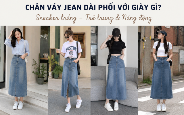 Chân váy jean dài phối với sneaker trắng trẻ trung, năng động và dễ ứng dụng trong nhiều phong cách thời trang nữ.