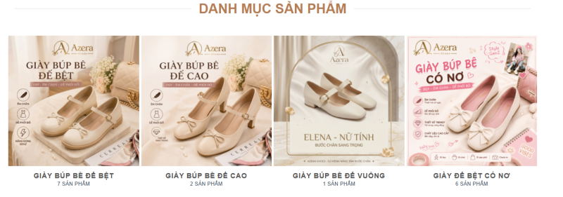 Bộ sưu tập giày nữ Azera Shoes là sự kết hợp giữa vẻ đẹp thanh lịch, nữ tính và xu hướng thời trang hiện đại. Mỗi thiết kế được chăm chút tỉ mỉ từ chất liệu, kiểu dáng đến từng chi tiết nhỏ nhằm mang đến sự thoải mái và tự tin cho phái đẹp. Từ giày Mary Jane, giày búp bê đến giày công sở, Azera Shoes luôn hướng đến những sản phẩm vừa thời trang vừa phù hợp với nhu cầu sử dụng hằng ngày.