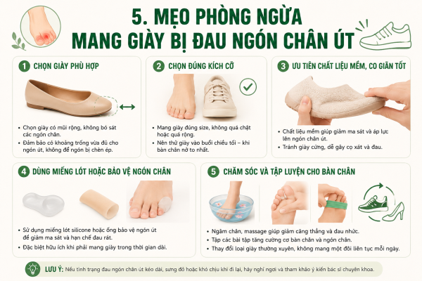Infographic hướng dẫn 5 mẹo phòng ngừa đau ngón chân út khi mang giày, bao gồm cách chọn giày phù hợp, đúng kích cỡ, chất liệu mềm, sử dụng miếng lót bảo vệ và chăm sóc bàn chân hiệu quả giúp giảm đau và bảo vệ đôi chân.