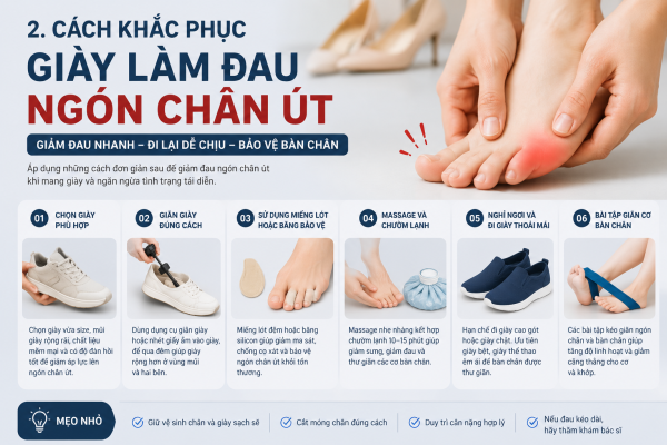 Hình ảnh minh họa các phương pháp giảm đau ngón chân út do mang giày chật hoặc không phù hợp, bao gồm chọn giày đúng kích cỡ, giãn giày, sử dụng miếng lót bảo vệ, massage kết hợp chườm lạnh, nghỉ ngơi và thực hiện các bài tập giãn cơ bàn chân.