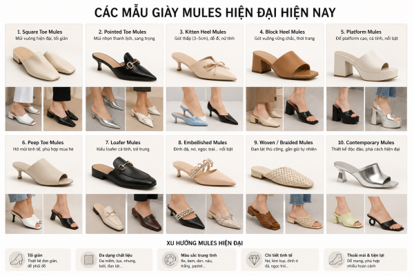Khám phá các mẫu giày mules hiện đại được yêu thích hiện nay như square toe, platform, kitten heel và loafer mules. Thiết kế thời trang, thanh lịch, dễ phối đồ cho nhiều phong cách.