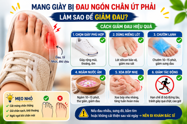 Mang giày bị đau ngón chân út là tình trạng phổ biến do giày chật, mũi giày hẹp hoặc ma sát liên tục. Infographic cung cấp các cách giảm đau hiệu quả như chườm lạnh, nghỉ ngơi, dùng miếng đệm bảo vệ và lựa chọn giày phù hợp để bảo vệ bàn chân, giảm khó chịu và ngăn ngừa tái phát.