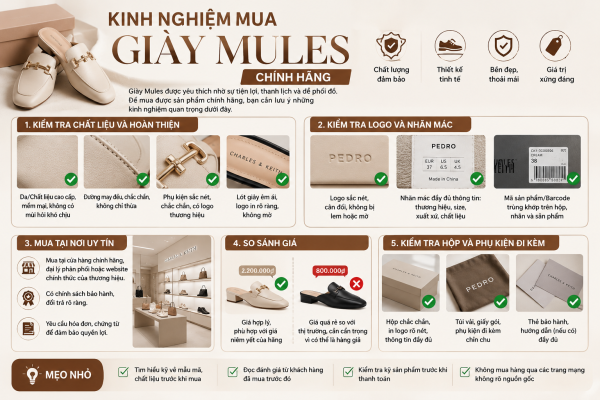 Giày mules chính hãng luôn đảm bảo chất lượng, độ bền và sự thoải mái khi sử dụng. Hãy tham khảo những kinh nghiệm mua giày mules chính hãng như kiểm tra chất liệu, logo thương hiệu, tem nhãn, hộp đựng, phụ kiện đi kèm và lựa chọn cửa hàng uy tín để tránh mua phải hàng giả, hàng nhái trên thị trường.