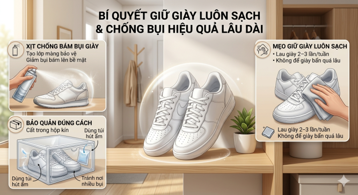 Cách chống bám bụi cho giày hiệu quả lâu dàiXịt chống bám bụi giày

Đây là giải pháp được nhiều người sử dụng:

Tạo lớp màng bảo vệ
Giảm bụi bám lên bề mặt
Bảo quản giày đúng cách
Cất trong hộp kín
Dùng túi hút ẩm
Tránh nơi nhiều bụi
Mẹo giữ giày luôn sạch
Lau giày 2–3 lần/tuần
Không để giày bẩn quá lâu