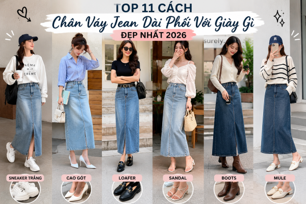 Chân váy jean dài phối với boots nữ cổ ngắn mang đến phong cách cá tính và thời trang.